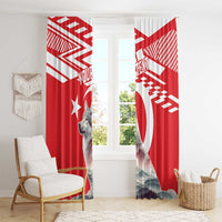 Red and white wolf window curtains hanging over a doorway with custom text