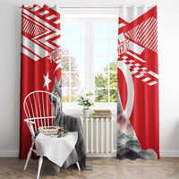 Red and white wolf window curtain set with mountains and custom text overlay