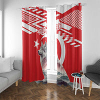 Red and white window curtains with wolf portrait, mountains, and custom text