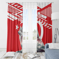 Red and white wolf mountain window curtain with custom text across the panels