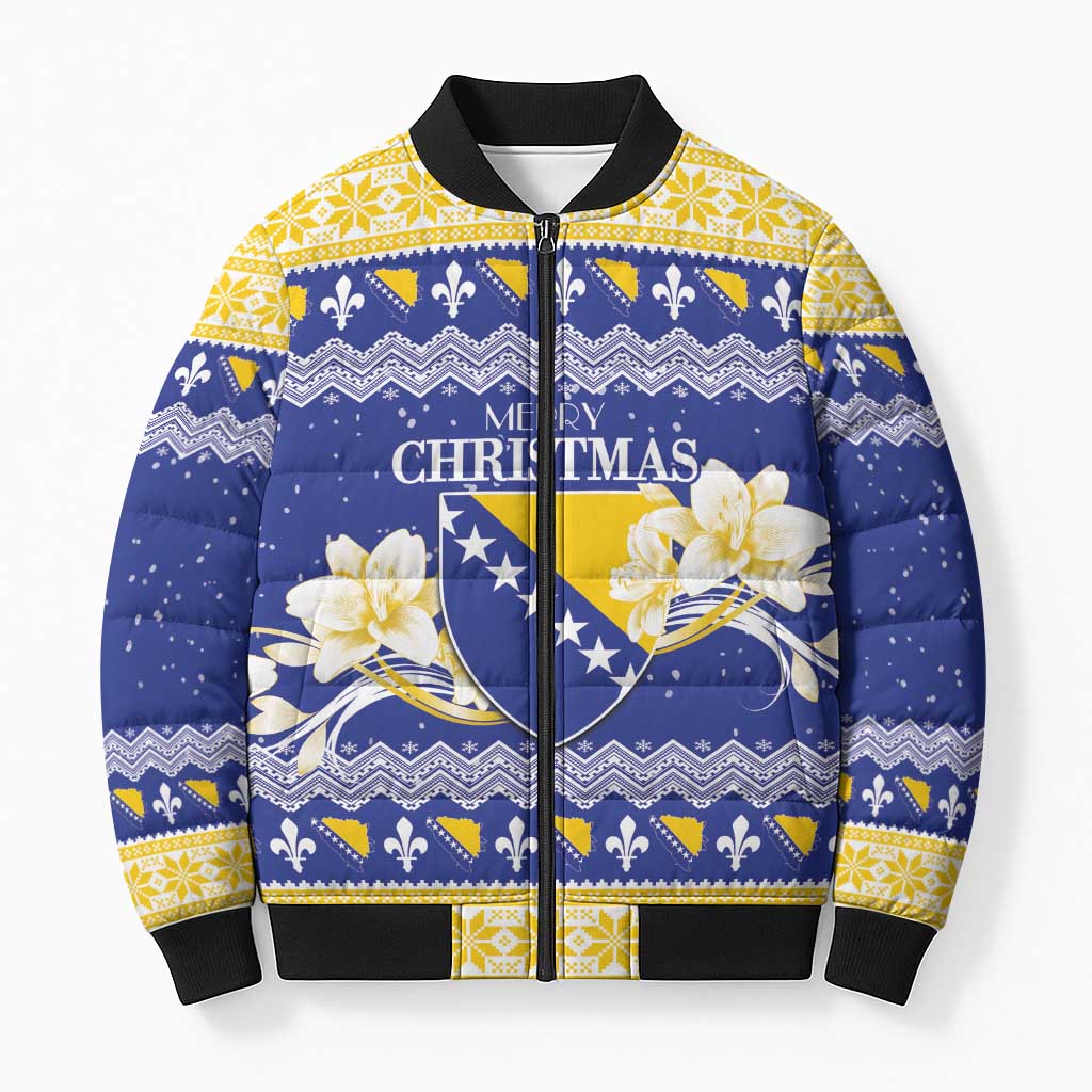 Personalized Bosnia and Herzegovina Christmas Bomber Puffer Jacket Coat Of Arms Srecan Bozic - Wonder Print Shop