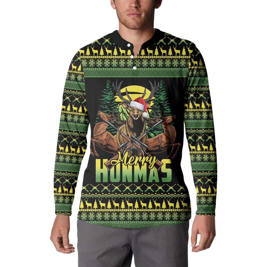 Merry Hunmas Button Sweatshirt Hunter Deer Santa Hat - Wonder Print Shop