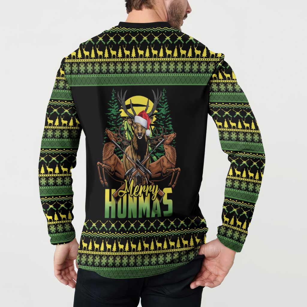 Merry Hunmas Button Sweatshirt Hunter Deer Santa Hat - Wonder Print Shop