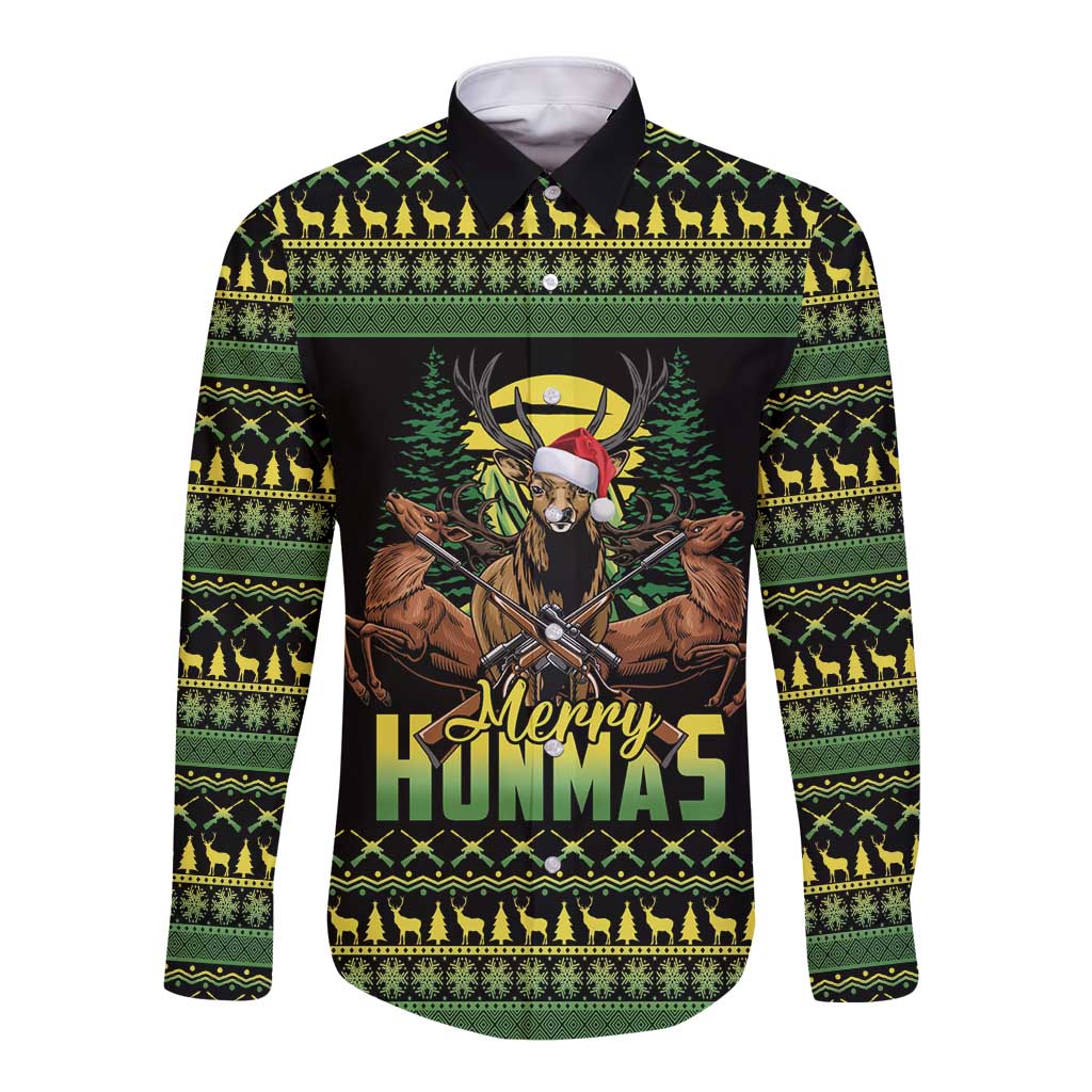 Merry Hunmas Long Sleeve Button Shirt Hunter Deer Santa Hat - Wonder Print Shop