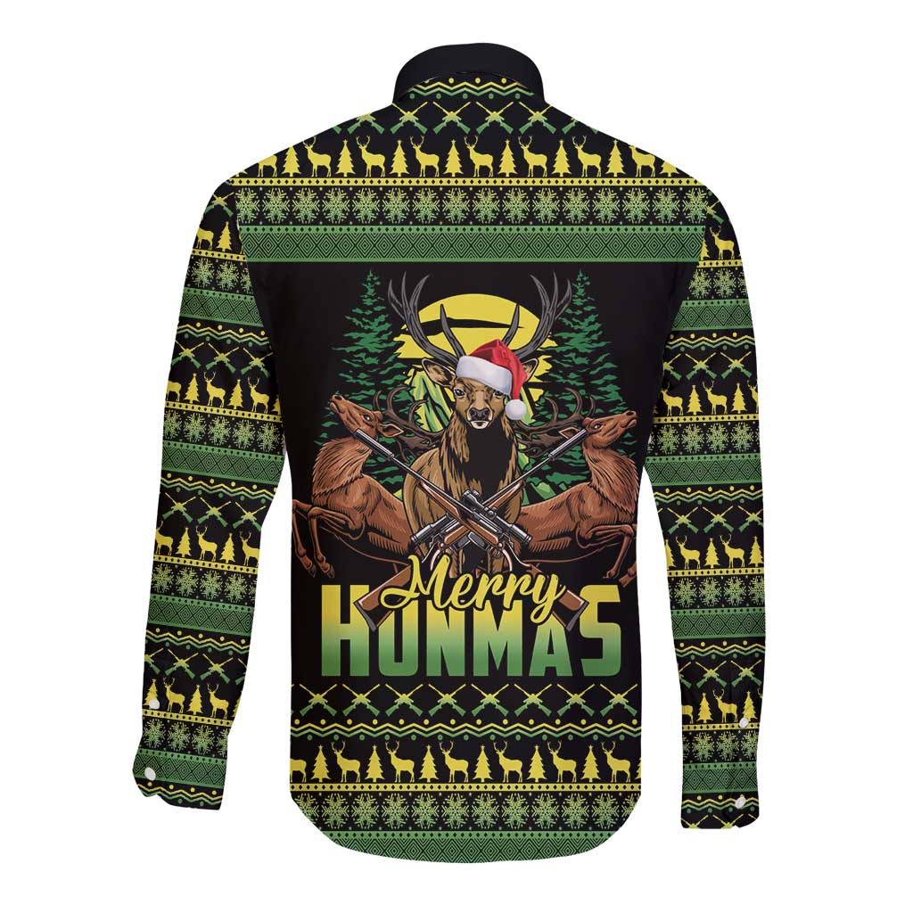 Merry Hunmas Long Sleeve Button Shirt Hunter Deer Santa Hat - Wonder Print Shop
