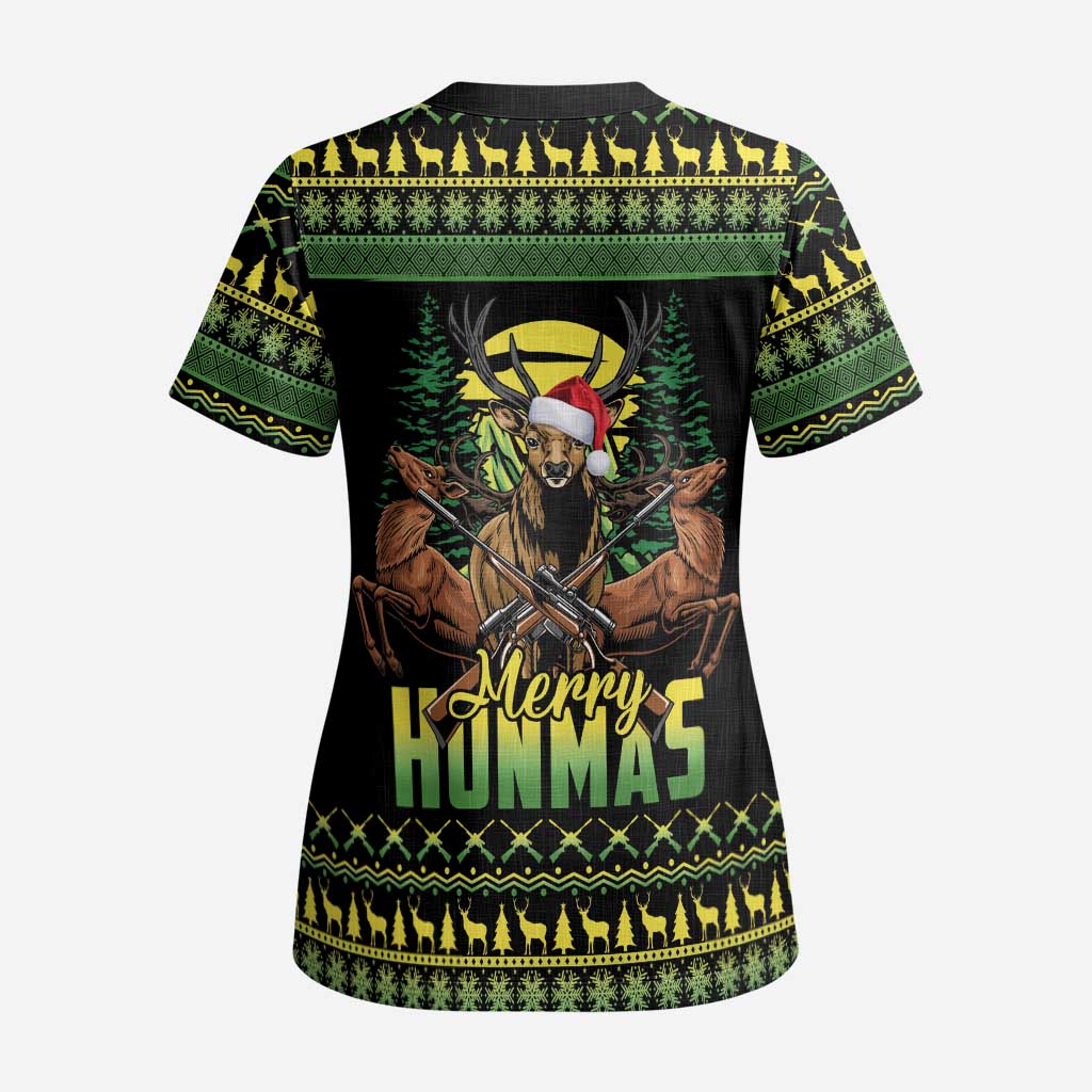 Merry Hunmas Scrub Top Hunter Deer Santa Hat - Wonder Print Shop