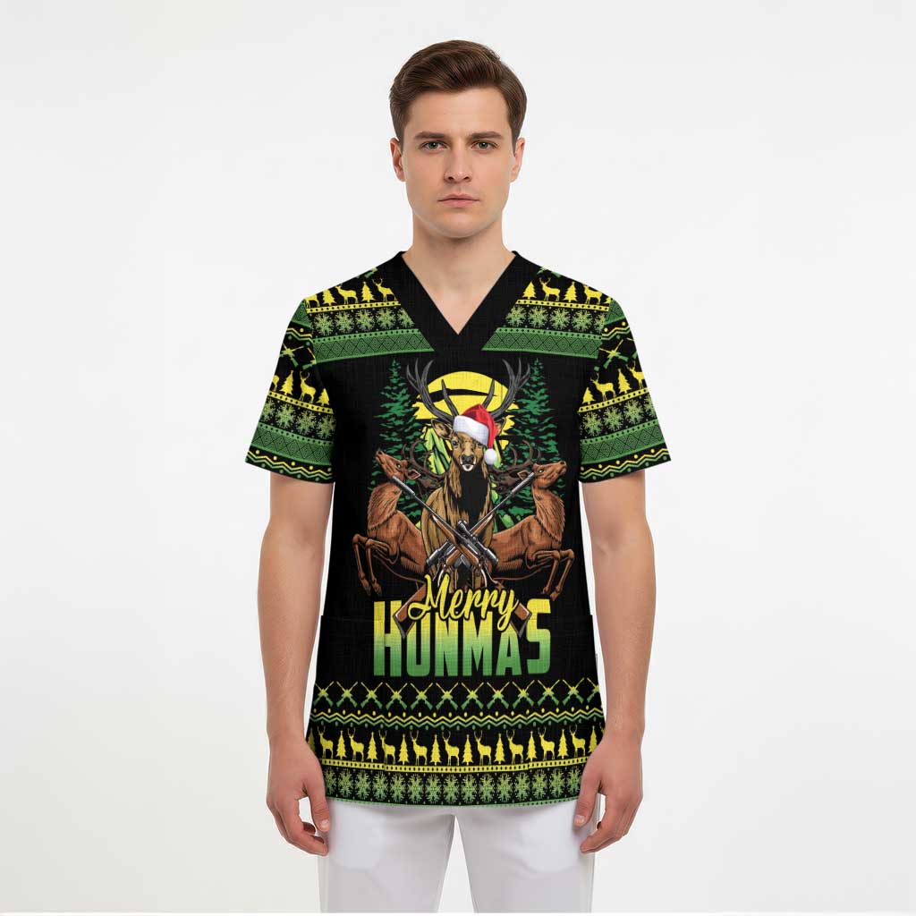 Merry Hunmas Scrub Top Hunter Deer Santa Hat - Wonder Print Shop