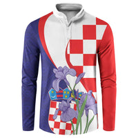 Red, blue & white button-front sweatshirt with checkerboard crest and iris flowers
