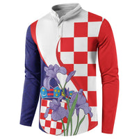 Button-front sweatshirt with checkerboard crest and iris flowers in red, blue, white