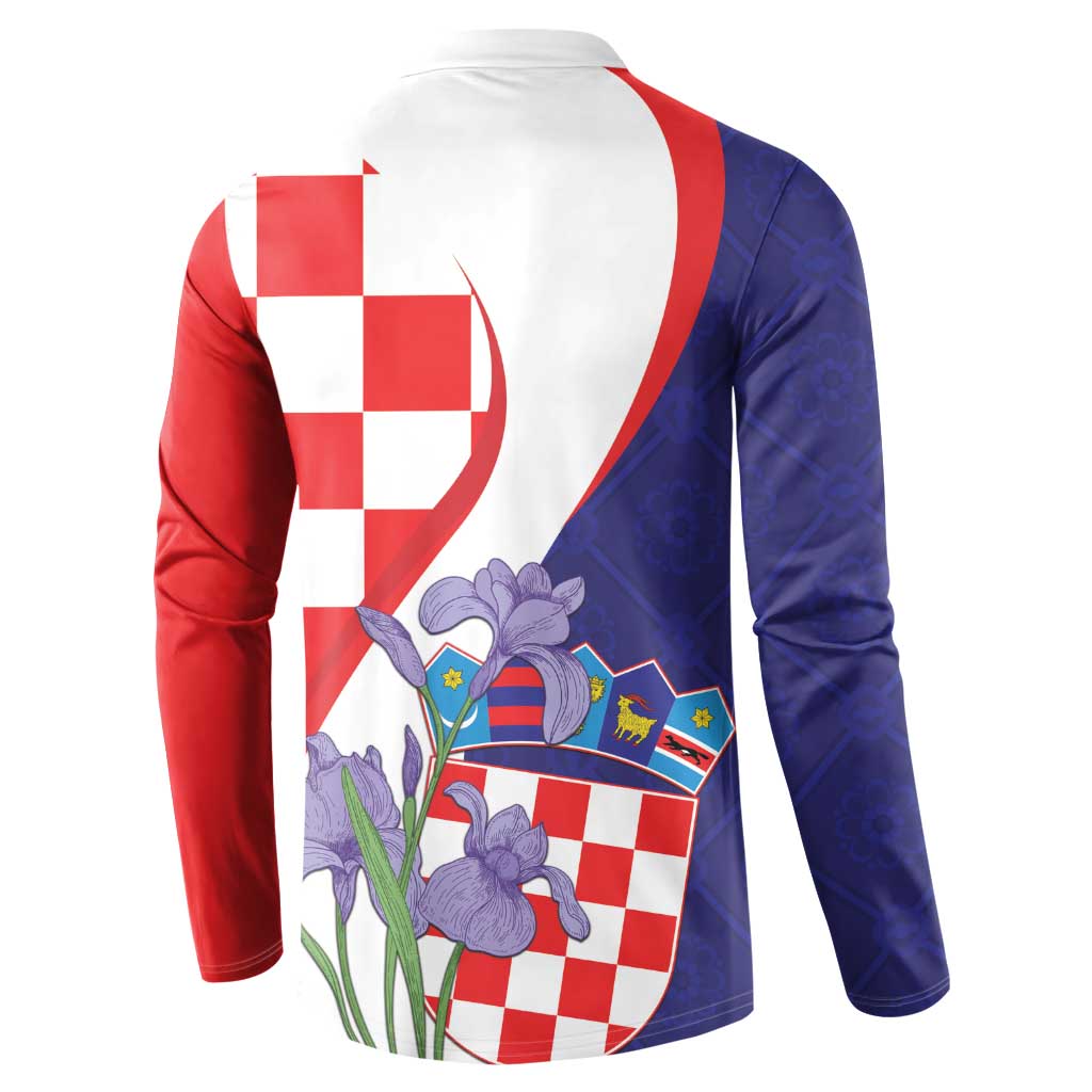Back button-front sweatshirt with checkerboard crest, iris flowers and green stems in red blue white