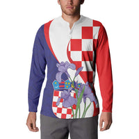 Button-front sweatshirt with open collar, checkerboard crest and iris graphic in red blue