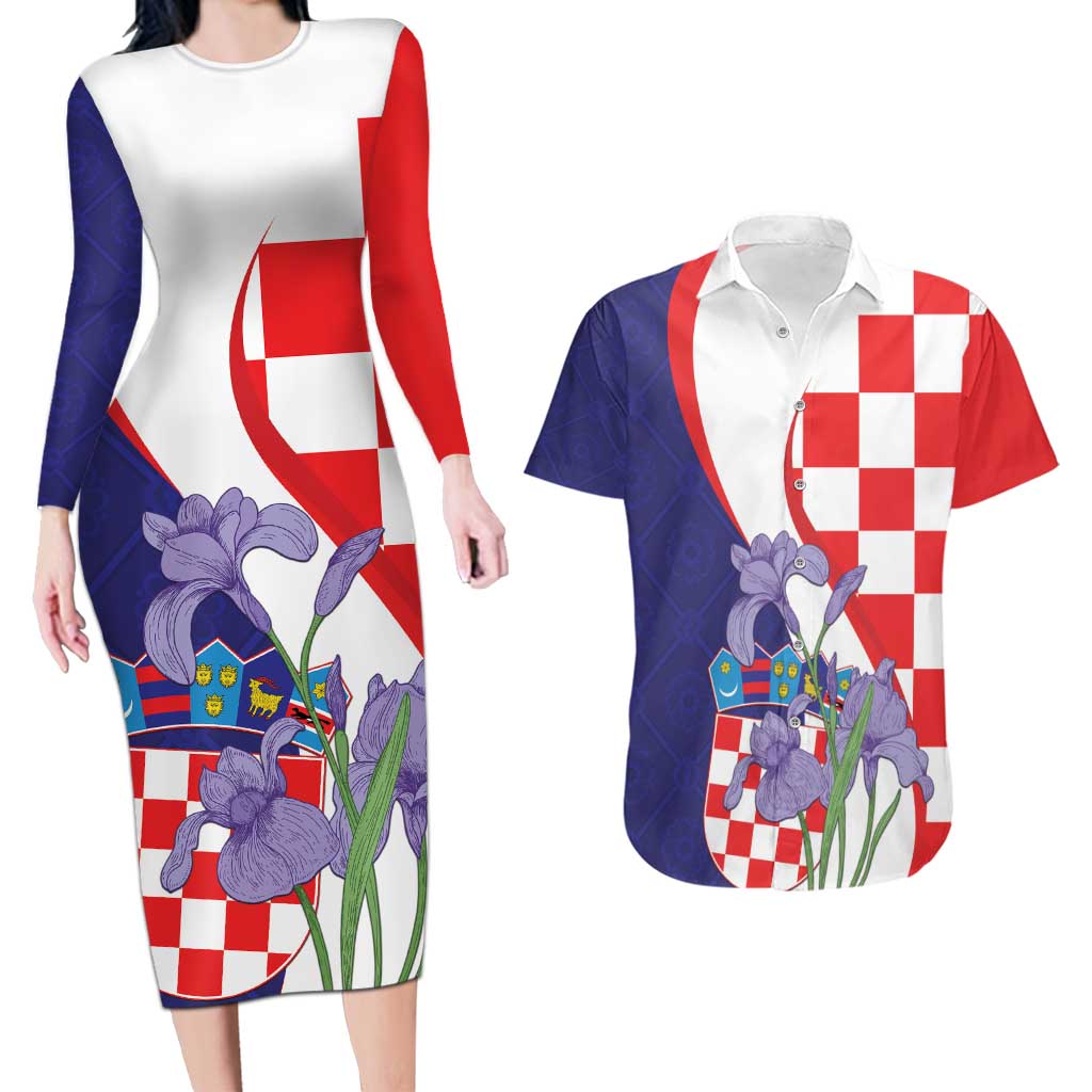 Croatia Hrvatska Checkerboard Couples Matching Long Sleeve Bodycon Dress and Hawaiian Shirt Coat Of Arms With Iris Croatica