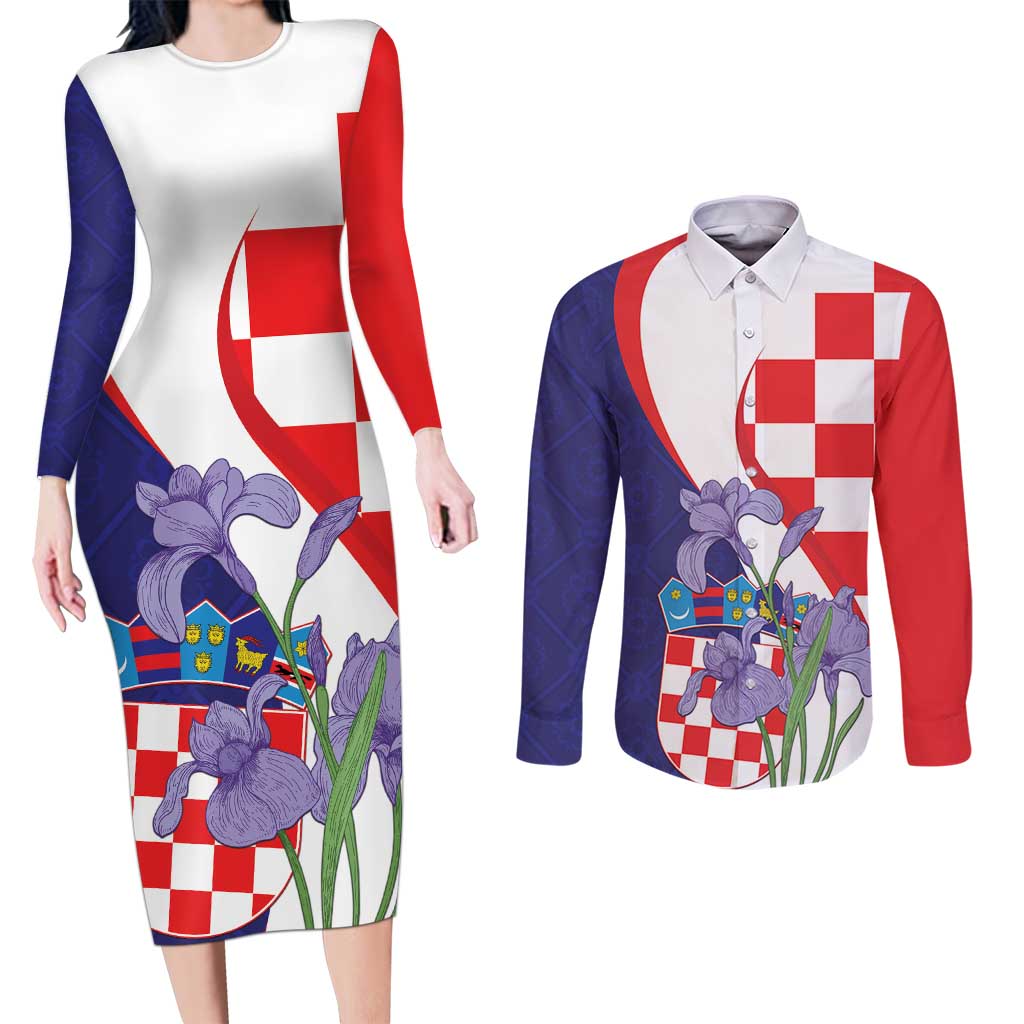 Croatia Hrvatska Checkerboard Couples Matching Long Sleeve Bodycon Dress and Long Sleeve Button Shirt Coat Of Arms With Iris Croatica