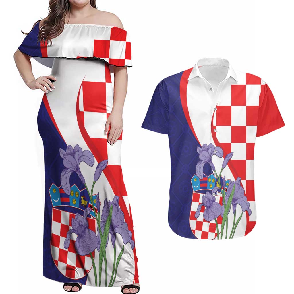 Croatia Hrvatska Checkerboard Couples Matching Off Shoulder Maxi Dress and Hawaiian Shirt Coat Of Arms With Iris Croatica