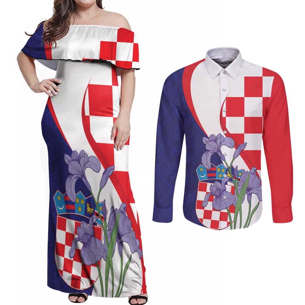 Croatia Hrvatska Checkerboard Couples Matching Off Shoulder Maxi Dress and Long Sleeve Button Shirt Coat Of Arms With Iris Croatica