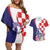 Croatia Hrvatska Checkerboard Couples Matching Off Shoulder Short Dress and Hawaiian Shirt Coat Of Arms With Iris Croatica