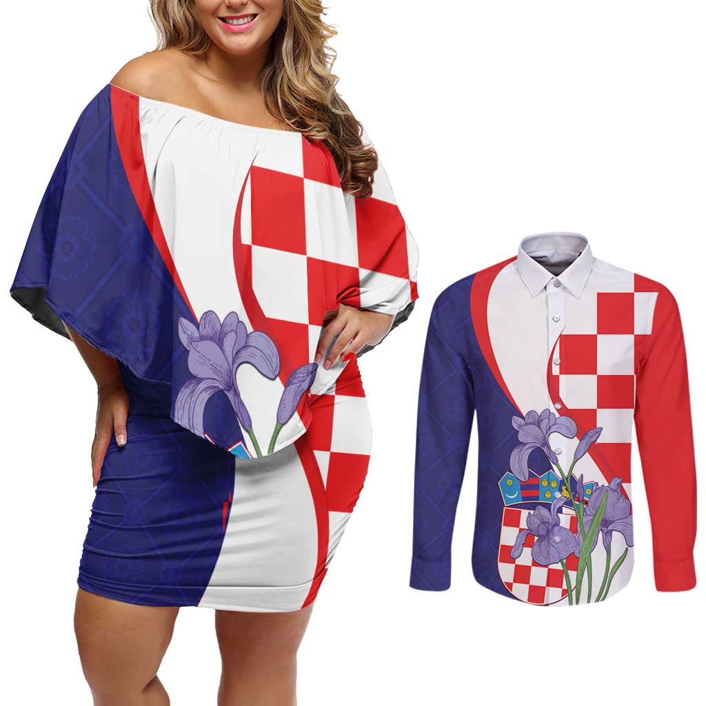 Croatia Hrvatska Checkerboard Couples Matching Off Shoulder Short Dress and Long Sleeve Button Shirt Coat Of Arms With Iris Croatica