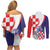 Croatia Hrvatska Checkerboard Couples Matching Off Shoulder Short Dress and Long Sleeve Button Shirt Coat Of Arms With Iris Croatica