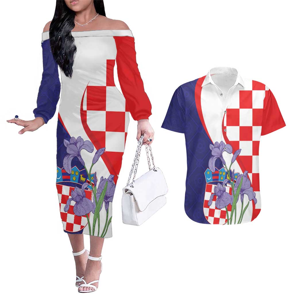 Croatia Hrvatska Checkerboard Couples Matching Off The Shoulder Long Sleeve Dress and Hawaiian Shirt Coat Of Arms With Iris Croatica