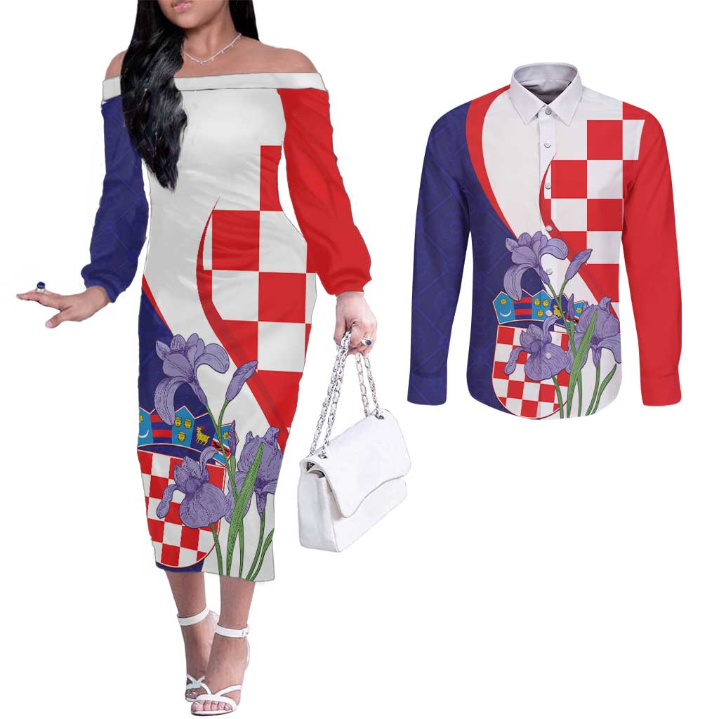 Croatia Hrvatska Checkerboard Couples Matching Off The Shoulder Long Sleeve Dress and Long Sleeve Button Shirt Coat Of Arms With Iris Croatica