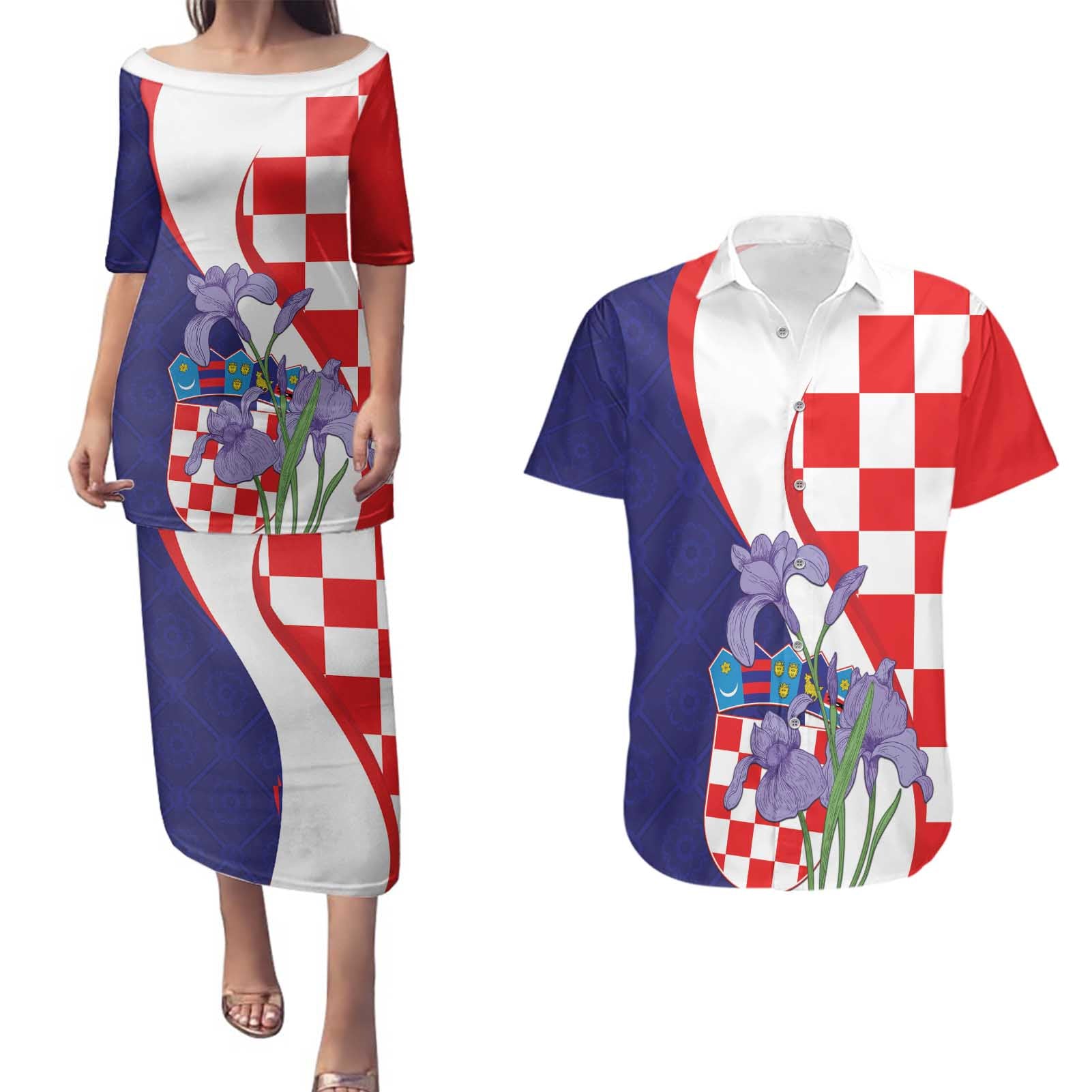 Croatia Hrvatska Checkerboard Couples Matching Puletasi and Hawaiian Shirt Coat Of Arms With Iris Croatica