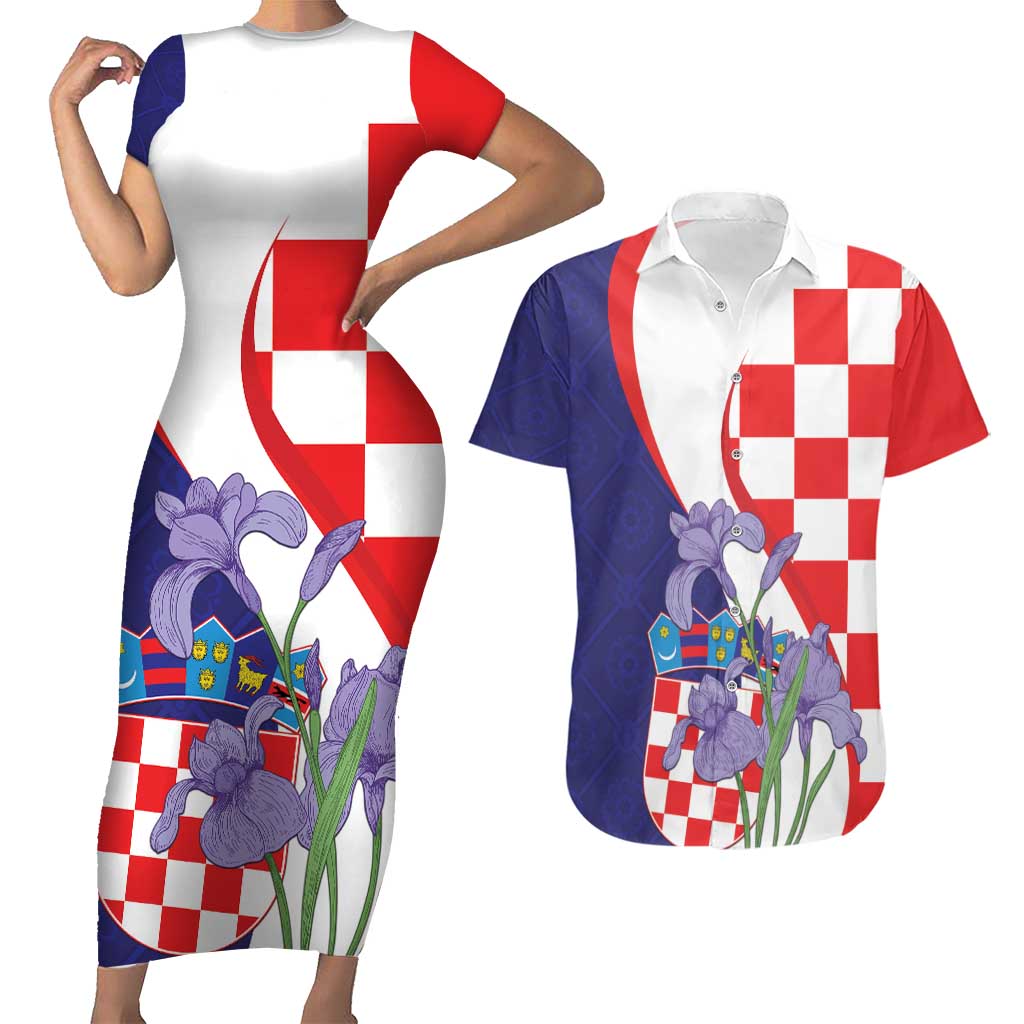 Croatia Hrvatska Checkerboard Couples Matching Short Sleeve Bodycon Dress and Hawaiian Shirt Coat Of Arms With Iris Croatica