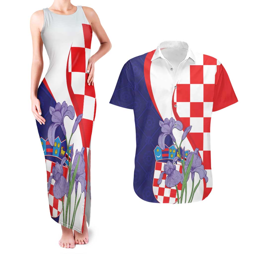 Croatia Hrvatska Checkerboard Couples Matching Tank Maxi Dress and Hawaiian Shirt Coat Of Arms With Iris Croatica