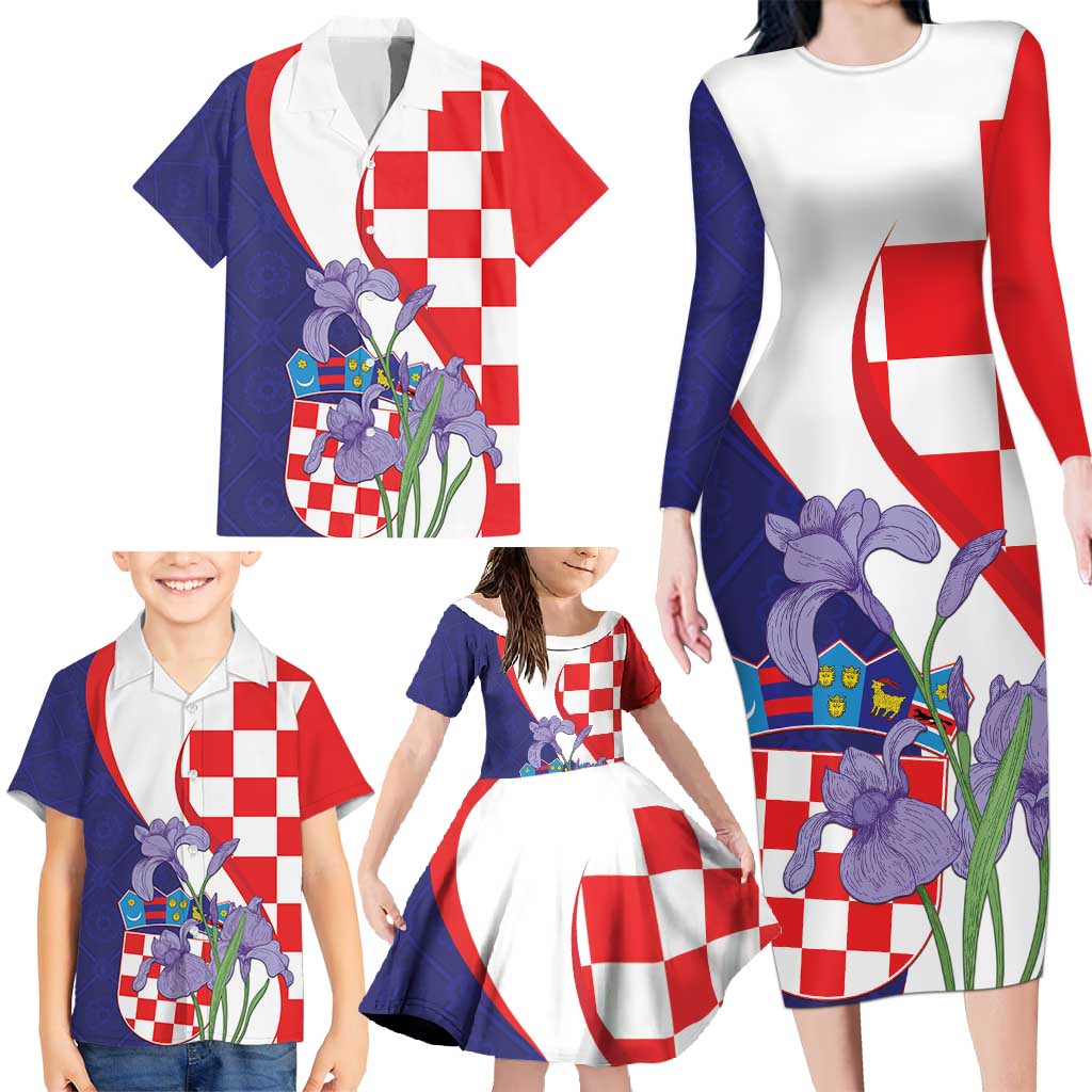 Croatia Hrvatska Checkerboard Family Matching Long Sleeve Bodycon Dress and Hawaiian Shirt Coat Of Arms With Iris Croatica