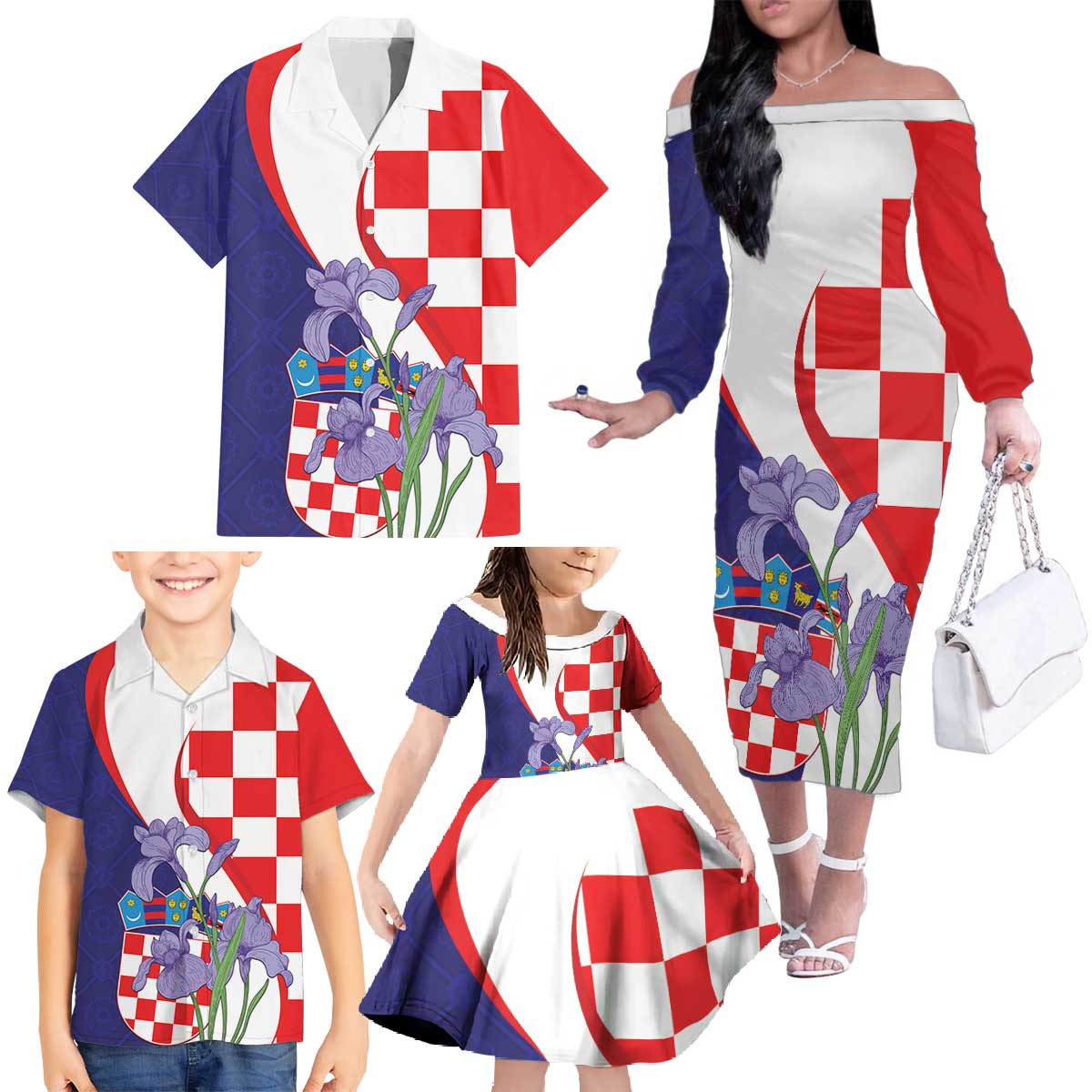 Croatia Hrvatska Checkerboard Family Matching Off The Shoulder Long Sleeve Dress and Hawaiian Shirt Coat Of Arms With Iris Croatica