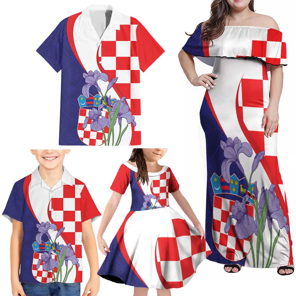 Croatia Hrvatska Checkerboard Family Matching Off Shoulder Maxi Dress and Hawaiian Shirt Coat Of Arms With Iris Croatica