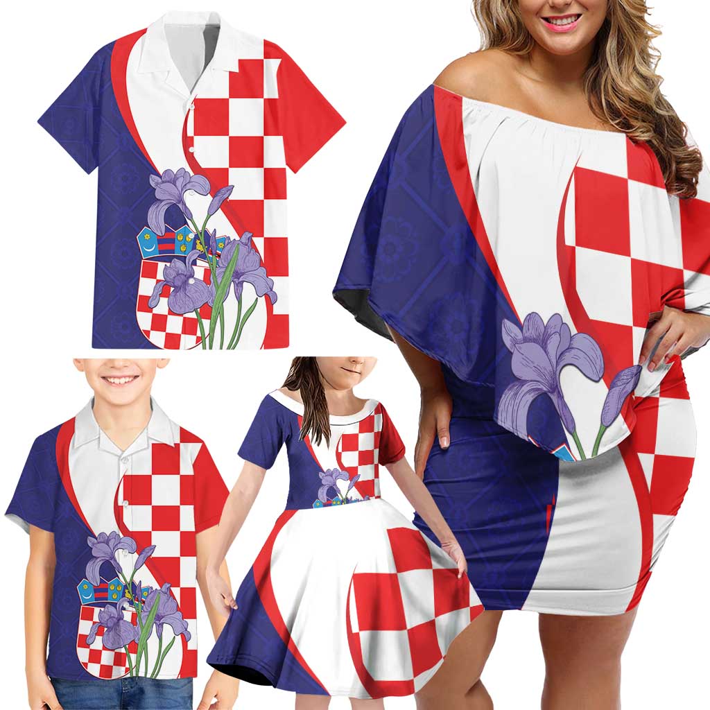 Croatia Hrvatska Checkerboard Family Matching Off Shoulder Short Dress and Hawaiian Shirt Coat Of Arms With Iris Croatica