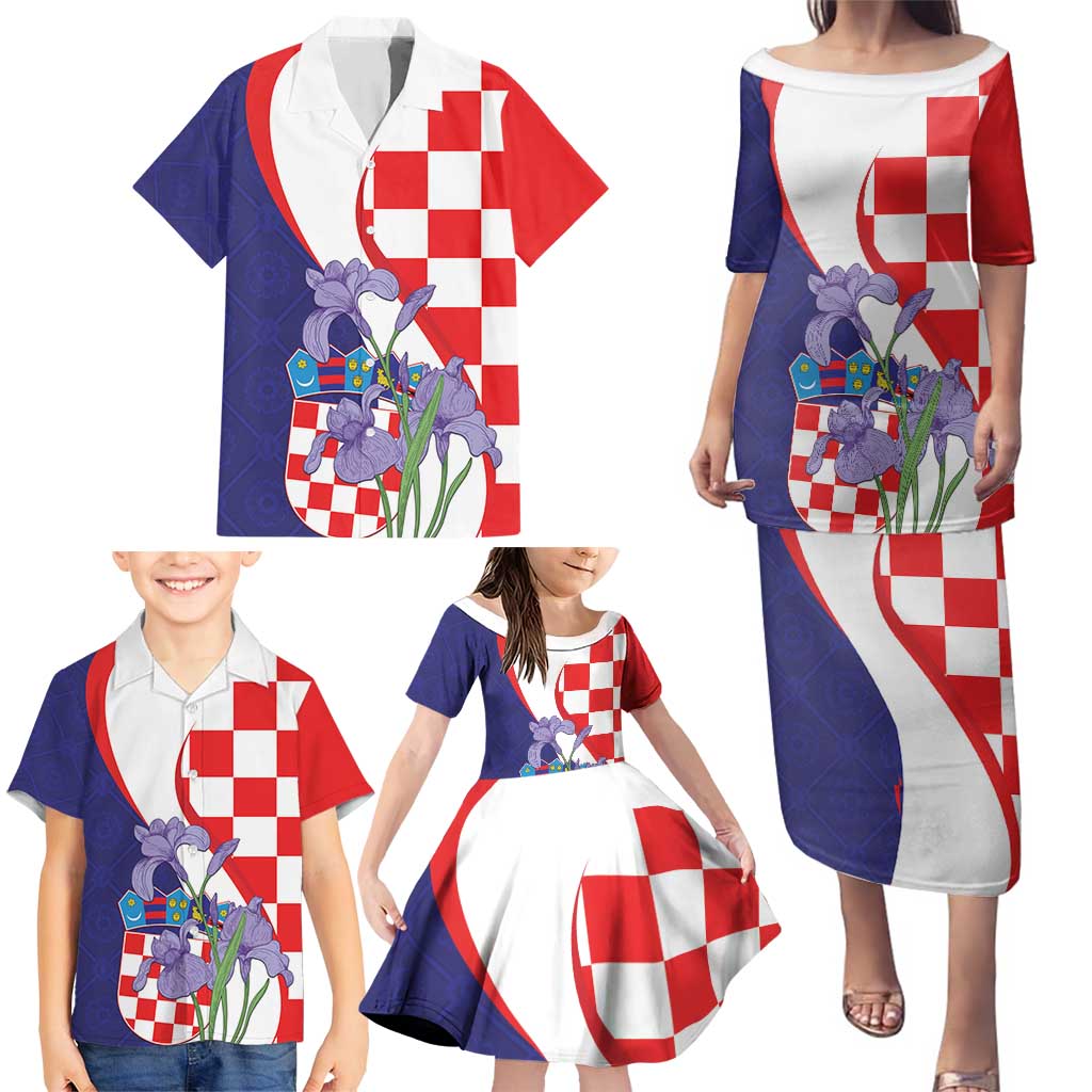 Croatia Hrvatska Checkerboard Family Matching Puletasi and Hawaiian Shirt Coat Of Arms With Iris Croatica