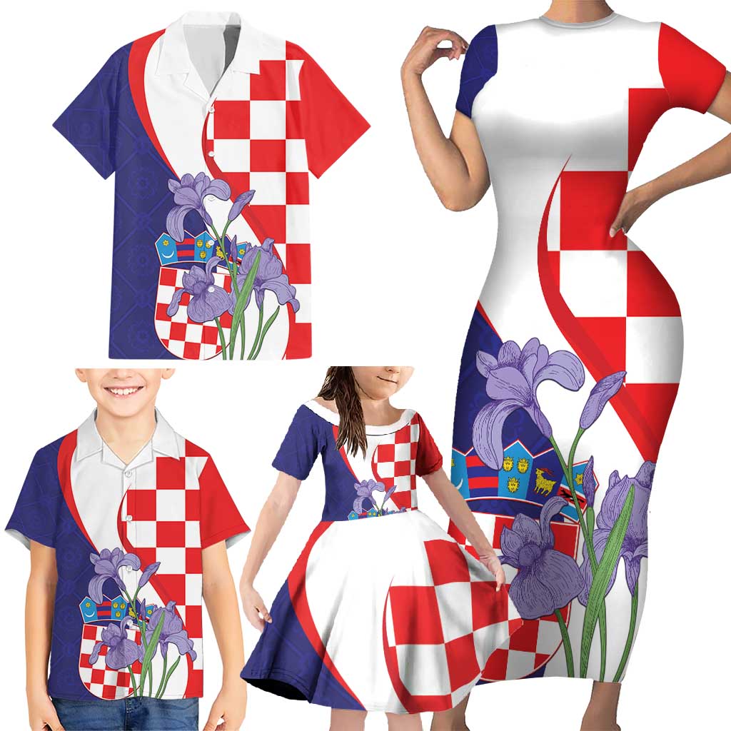 Croatia Hrvatska Checkerboard Family Matching Short Sleeve Bodycon Dress and Hawaiian Shirt Coat Of Arms With Iris Croatica