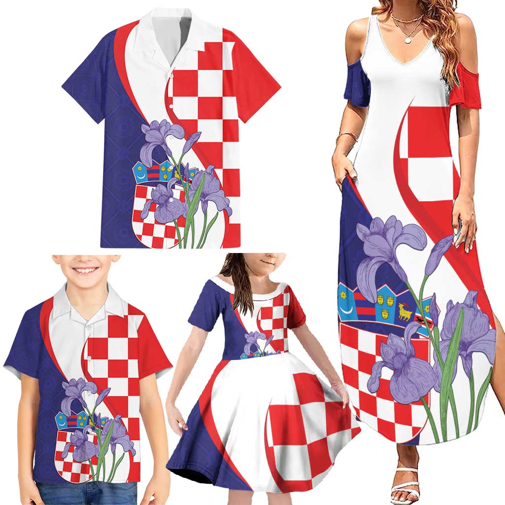 Croatia Hrvatska Checkerboard Family Matching Summer Maxi Dress and Hawaiian Shirt Coat Of Arms With Iris Croatica