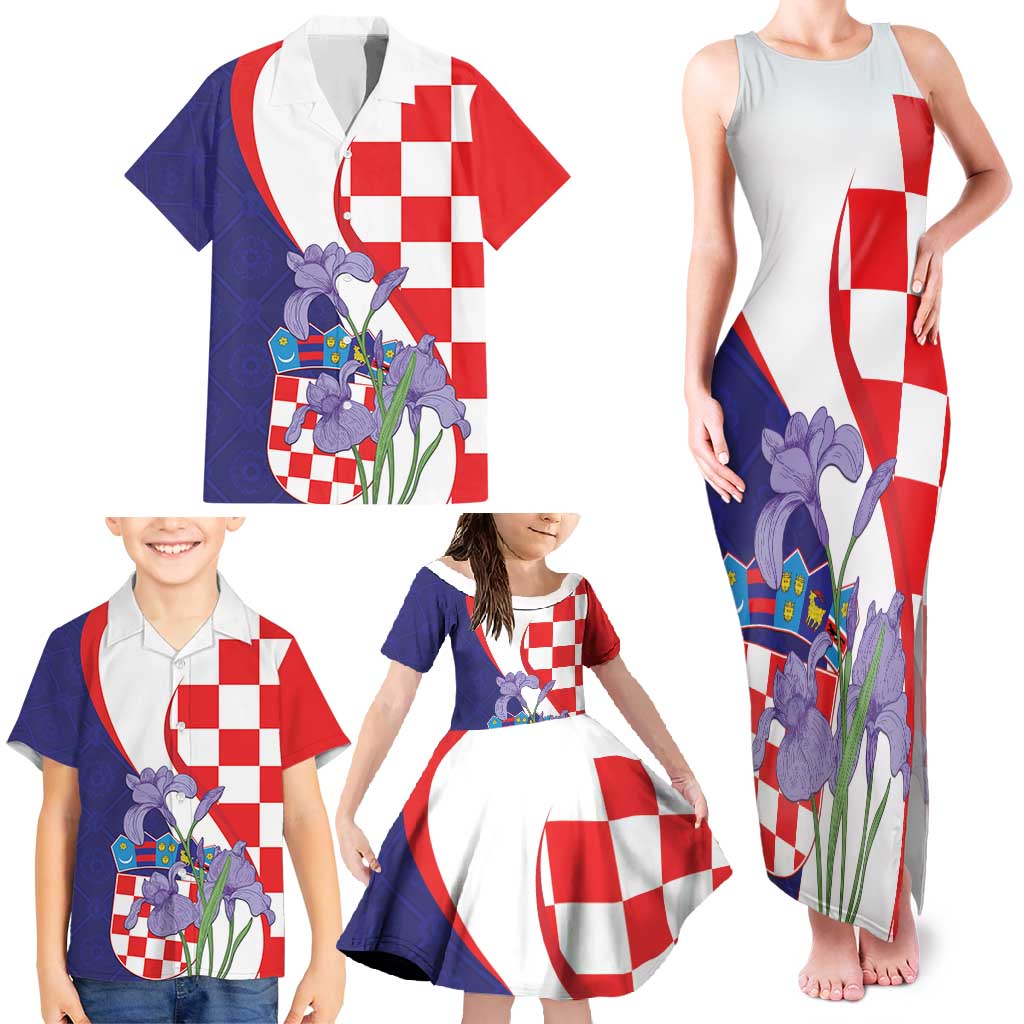 Croatia Hrvatska Checkerboard Family Matching Tank Maxi Dress and Hawaiian Shirt Coat Of Arms With Iris Croatica