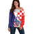 Croatia Hrvatska Checkerboard Off Shoulder Sweater Coat Of Arms With Iris Croatica