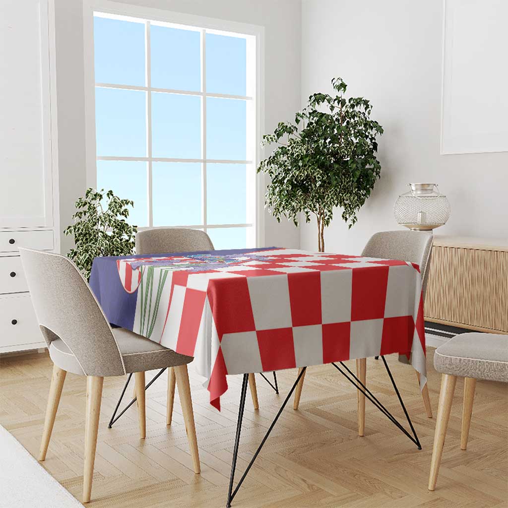 Square Croatia flag style tablecloth with red-white checkers and blue coat of arms motif
