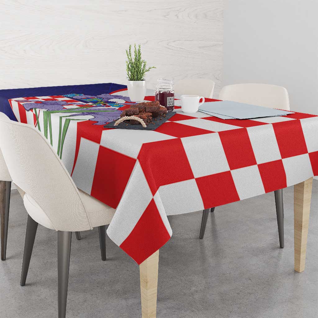 Rectangular Croatia checkered tablecloth with red, white, blue crest and iris flowers