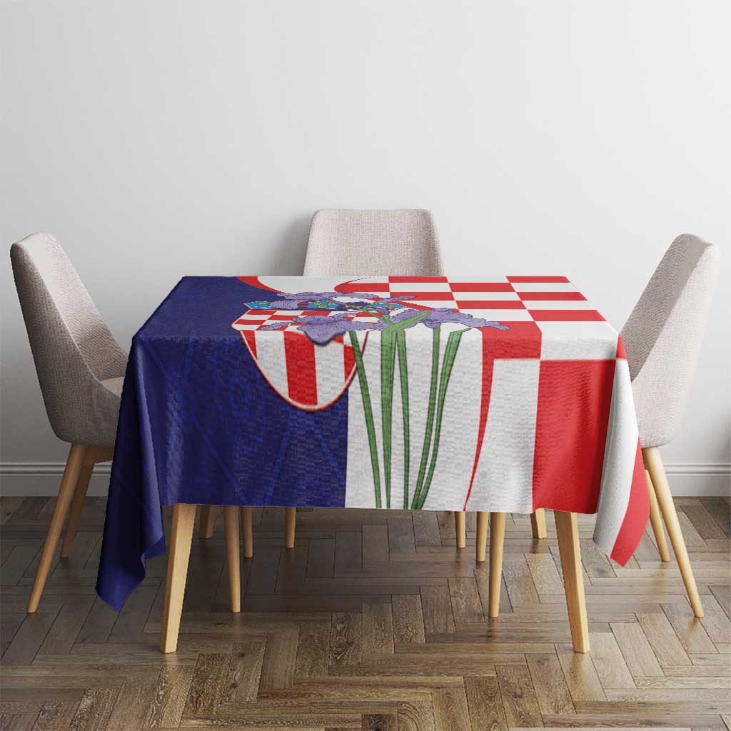 Croatia checkered tablecloth with red, white, and blue crest panel and green leaf design