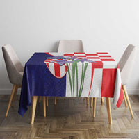 Croatia checkered tablecloth with red, white, and blue crest panel and green leaf design