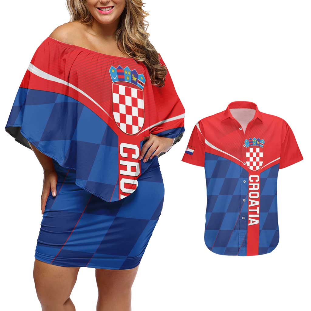 Custom Croatia Football Couples Matching Off Shoulder Short Dress and Hawaiian Shirt Hrvatska Nogometna Reprezentacija