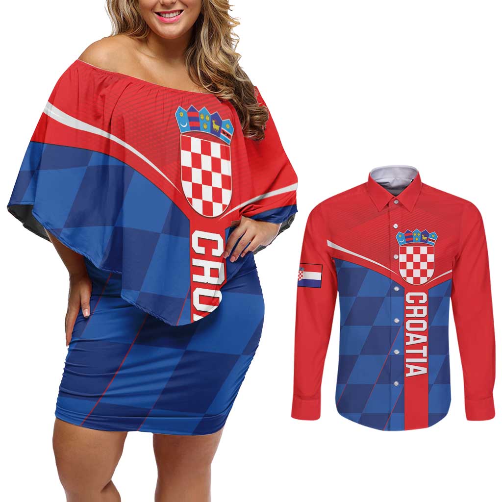 Custom Croatia Football Couples Matching Off Shoulder Short Dress and Long Sleeve Button Shirt Hrvatska Nogometna Reprezentacija