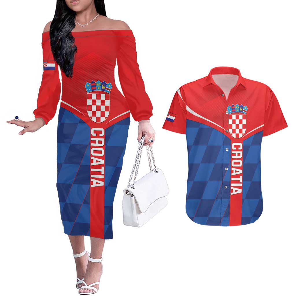 Custom Croatia Football Couples Matching Off The Shoulder Long Sleeve Dress and Hawaiian Shirt Hrvatska Nogometna Reprezentacija