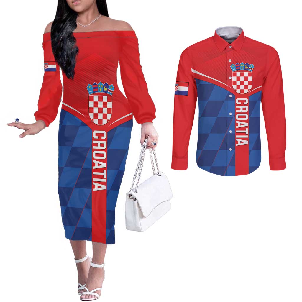 Custom Croatia Football Couples Matching Off The Shoulder Long Sleeve Dress and Long Sleeve Button Shirt Hrvatska Nogometna Reprezentacija