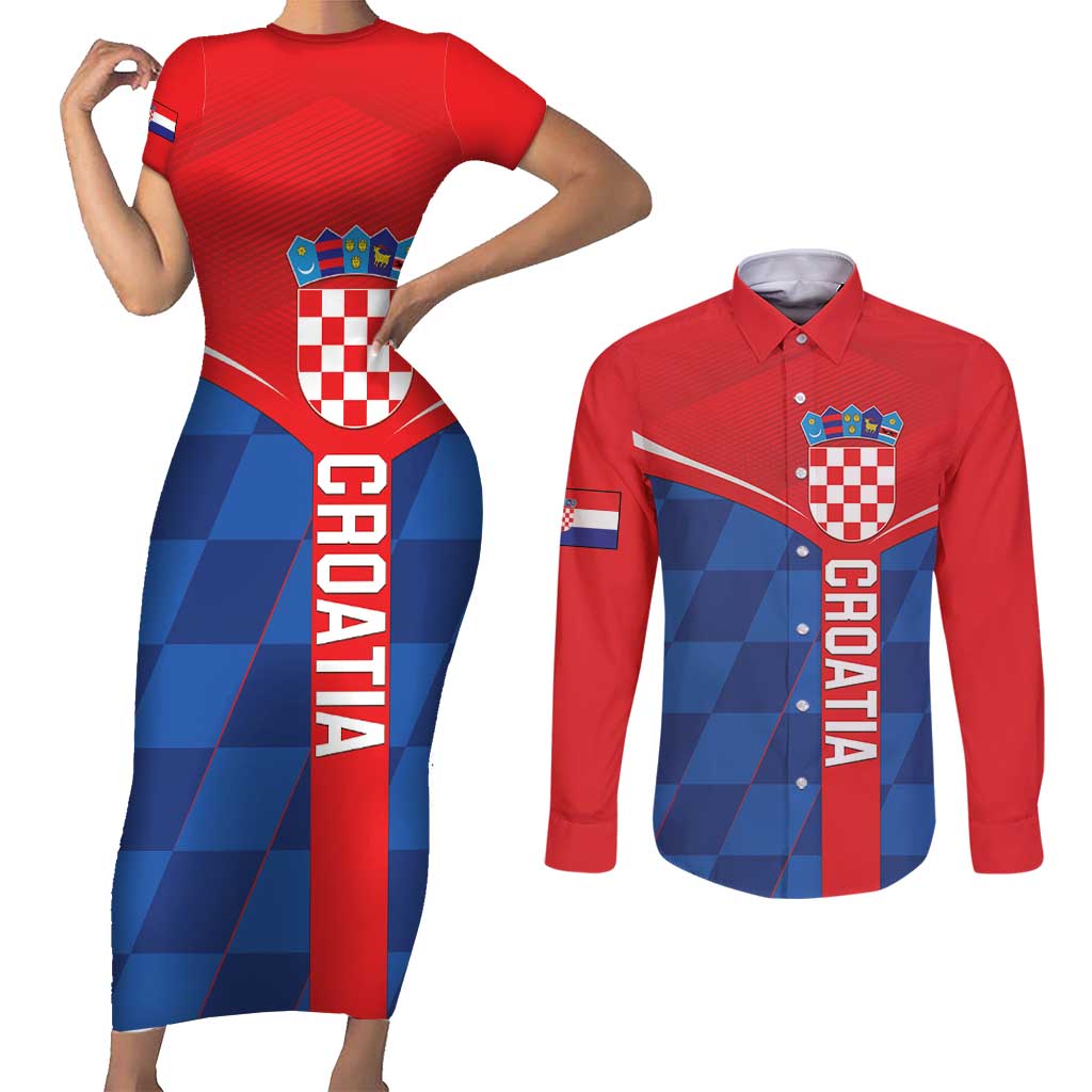 Custom Croatia Football Couples Matching Short Sleeve Bodycon Dress and Long Sleeve Button Shirt Hrvatska Nogometna Reprezentacija