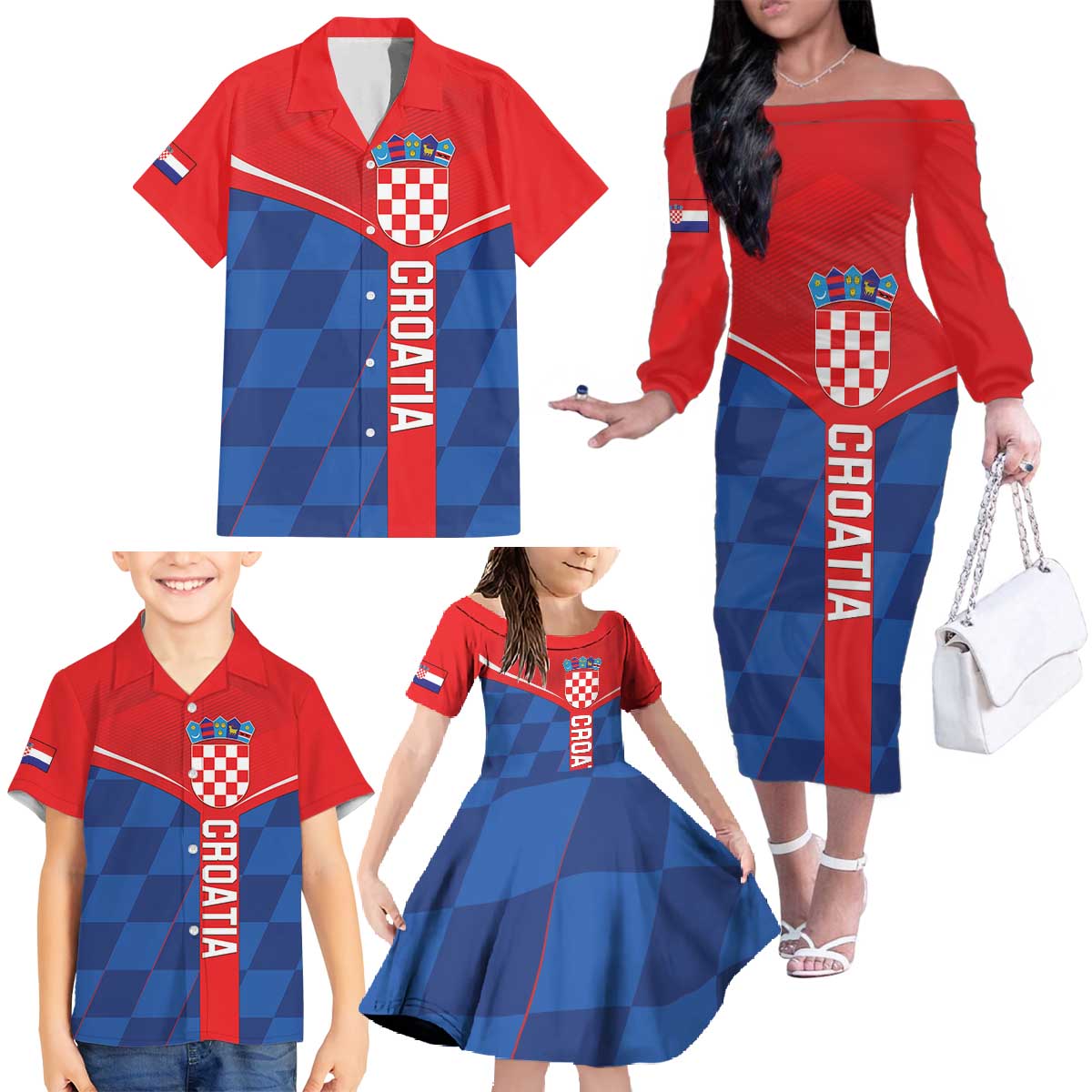 Custom Croatia Football Family Matching Off The Shoulder Long Sleeve Dress and Hawaiian Shirt Hrvatska Nogometna Reprezentacija