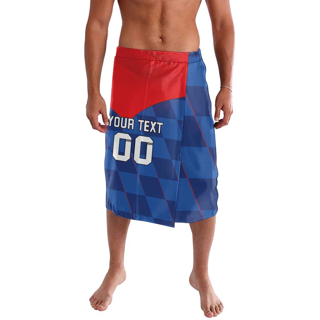 Blue and red soccer team board shorts with elastic waist, custom text, number 00