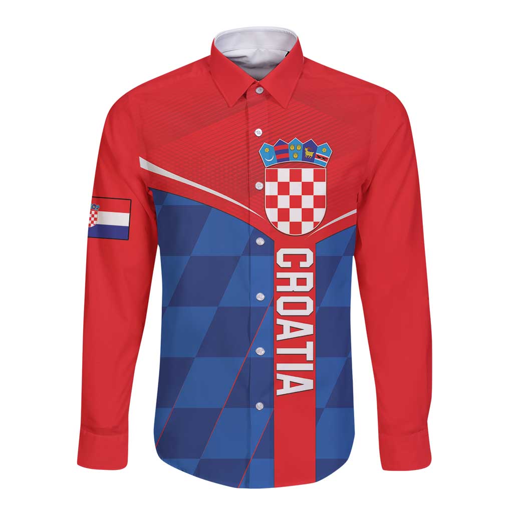 Long-sleeve button shirt in red and blue with Croatia crest and graphic front