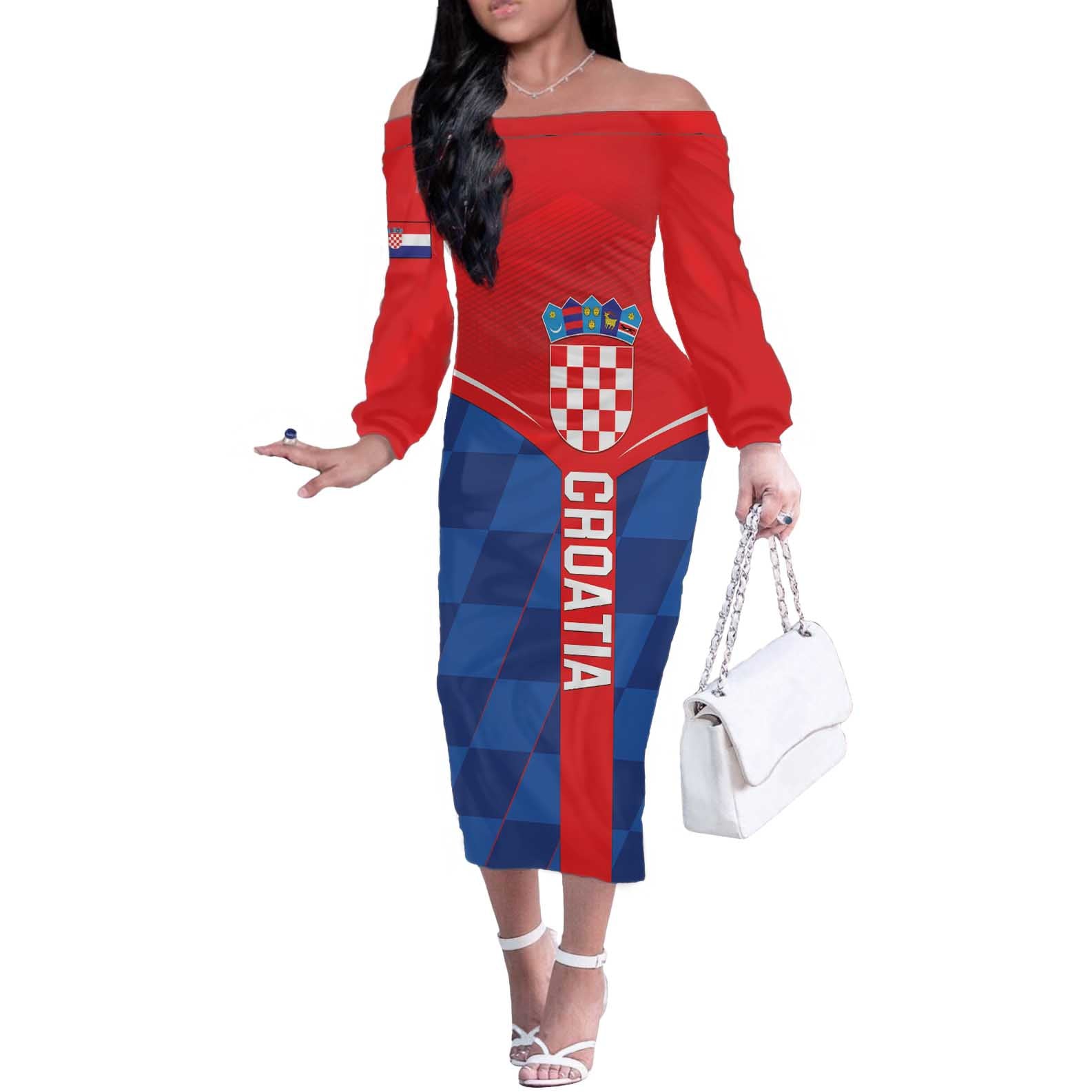 Custom Croatia Football Off The Shoulder Long Sleeve Dress Hrvatska Nogometna Reprezentacija