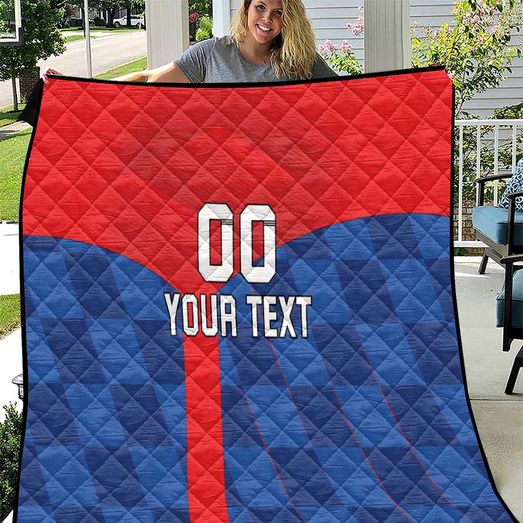 Croatia football quilt showing red top half and blue bottom, '00' and 'YOUR TEXT'.